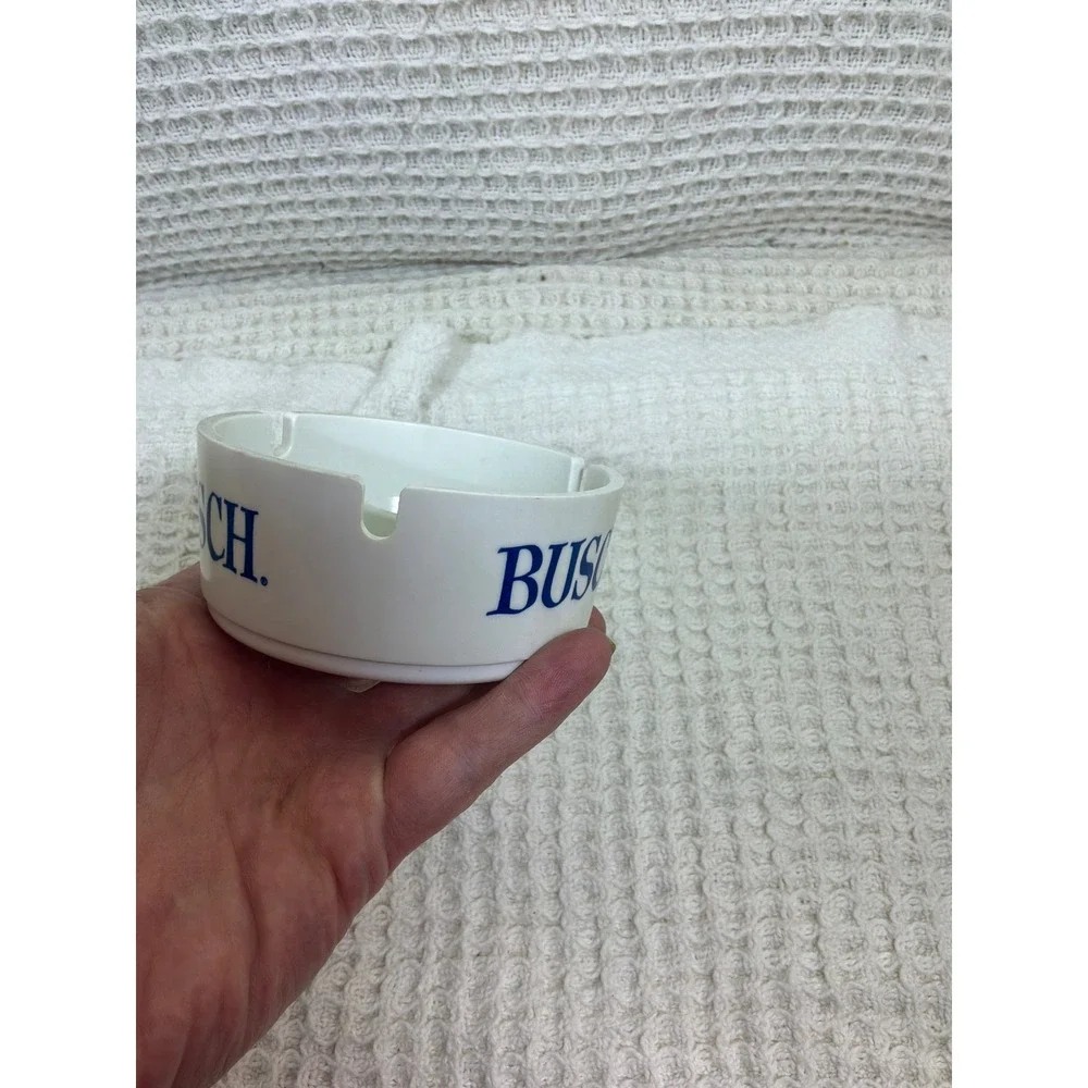 Vintage Busch Beer American Urnapress Melamine Ashtray White Blue Round‎ MCM